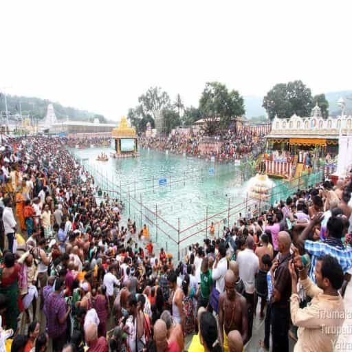 The serene waters of Swami Pushkarini in Tirumala.