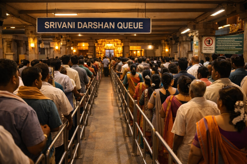 Same-Day Srivani Darshan queue and time management at Tirumala Temple