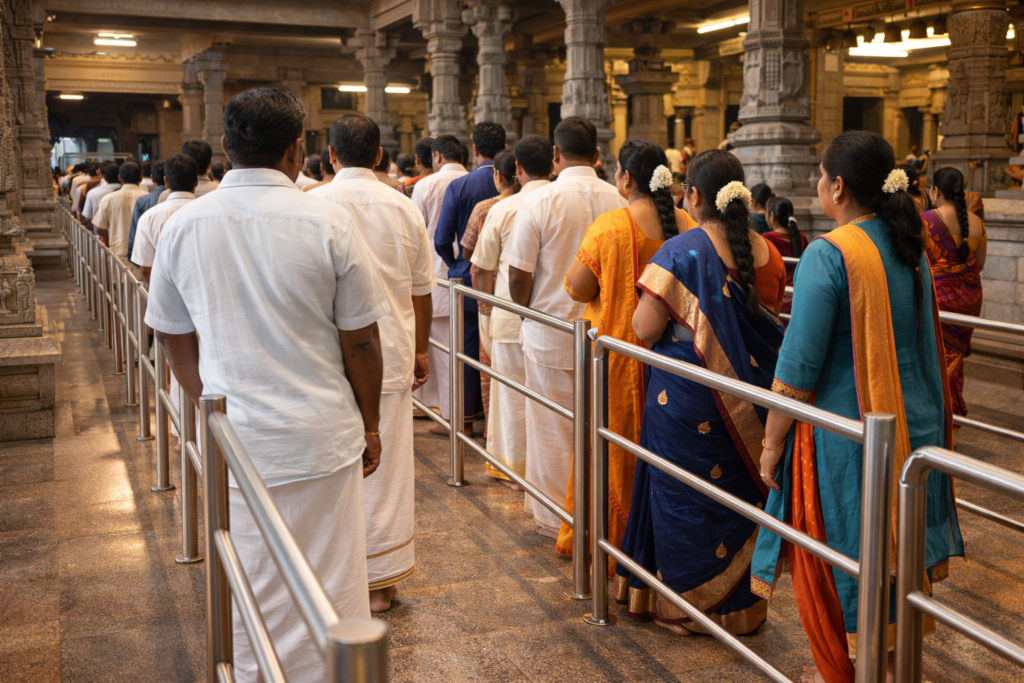 NRI Darshan Tirumala dress code followed by devotees wearing traditional attire at Tirumala