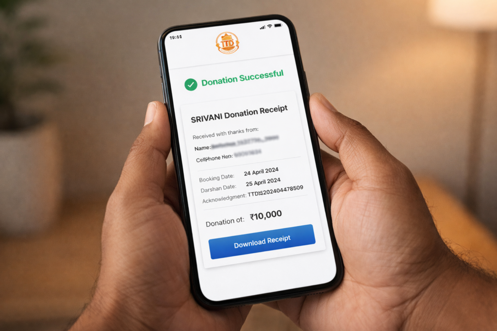 Online Srivani VIP Break Darshan tickets everyday booking process displayed on official TTD portal with Srivani Trust donation receipt