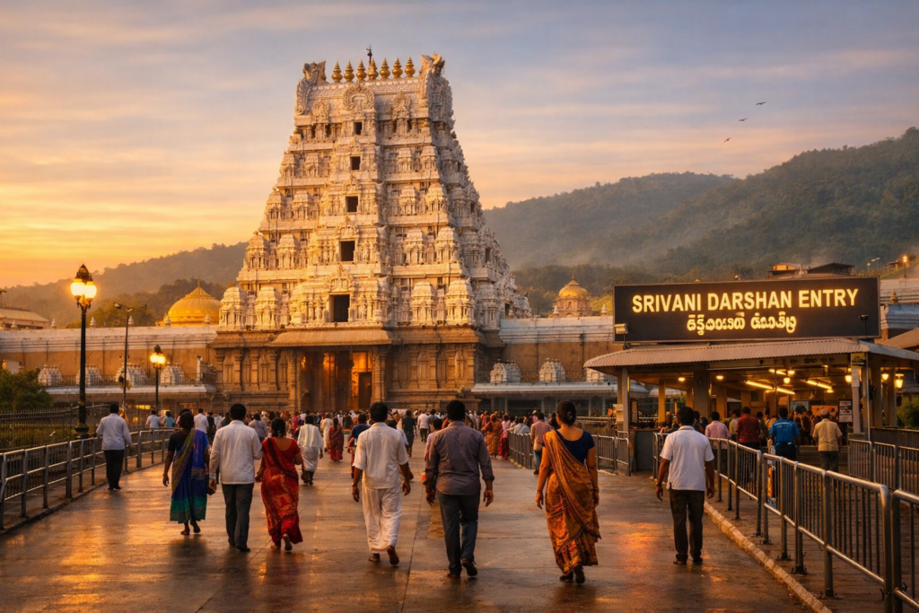 Same-Day Srivani Darshan at Tirumala with devotees entering the temple peacefully