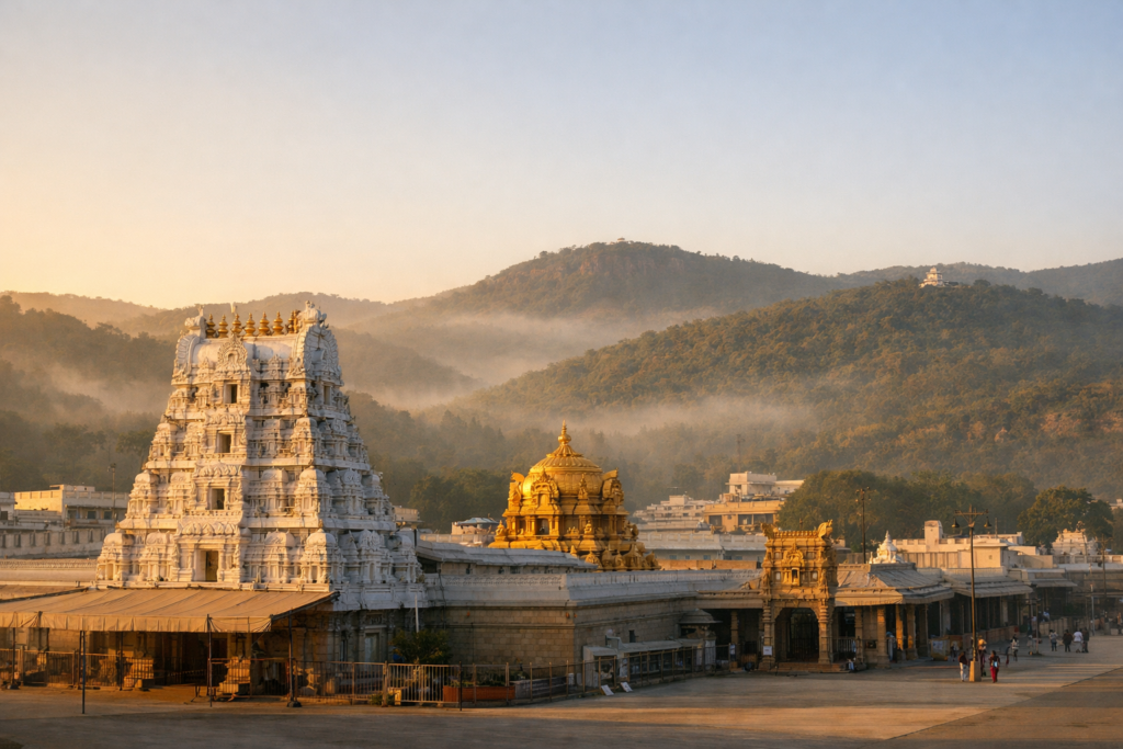 NRI Darshan arrangements from Chennai showing Tirumala Venkateswara Temple at sunrise with calm spiritual atmosphere