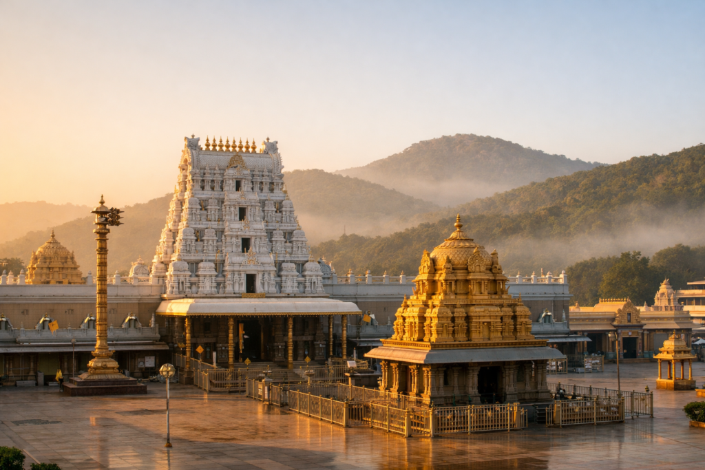 NRI Darshan Tirumala guide showing Tirumala Venkateswara Temple in early morning with calm spiritual atmosphere