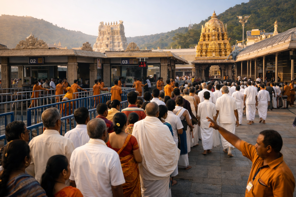 Online Srivani VIP Break Darshan tickets everyday showing organized Srivani Trust VIP Break Darshan entry process at Tirumala temple