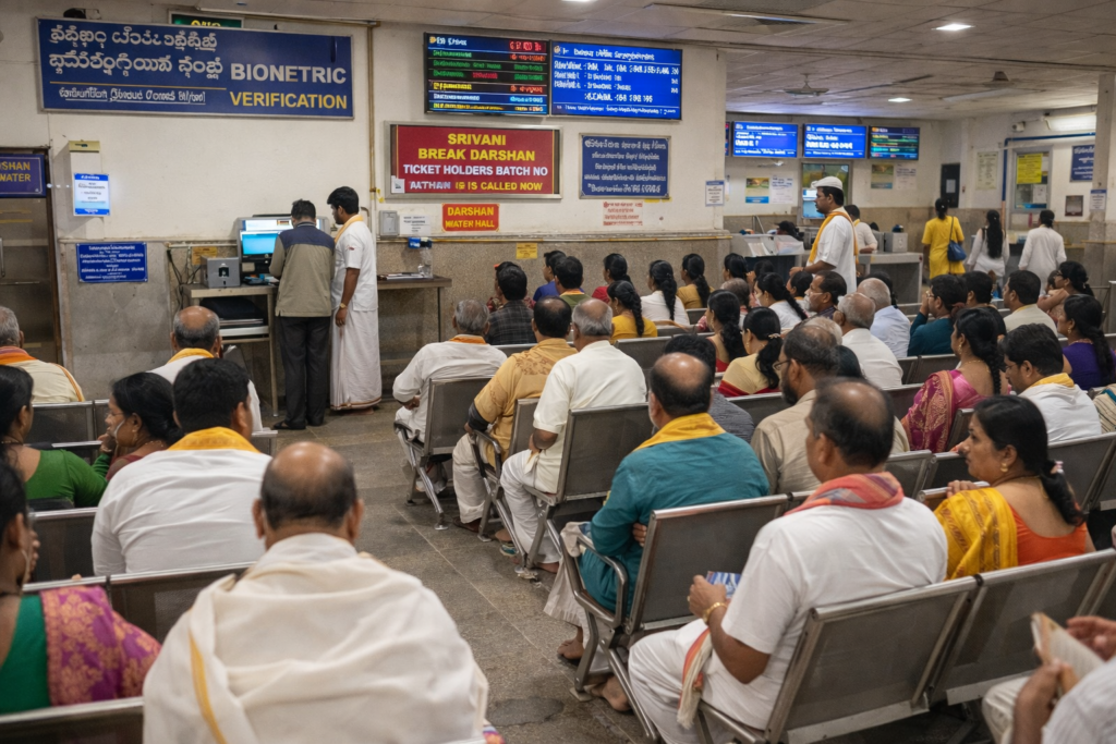 Srivani Break Darshan biometric verification and waiting hall at VQC Tirumala