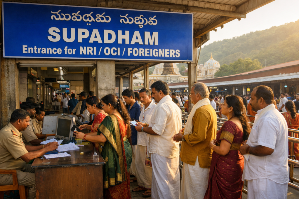 NRI Darshan Tirumala document verification at Supadham entry Vishnu Nivasam