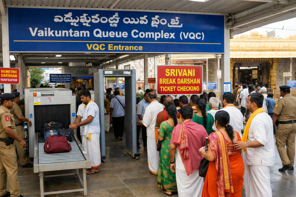 Srivani Break Darshan pilgrims at VQC Tirumala security check and entry process