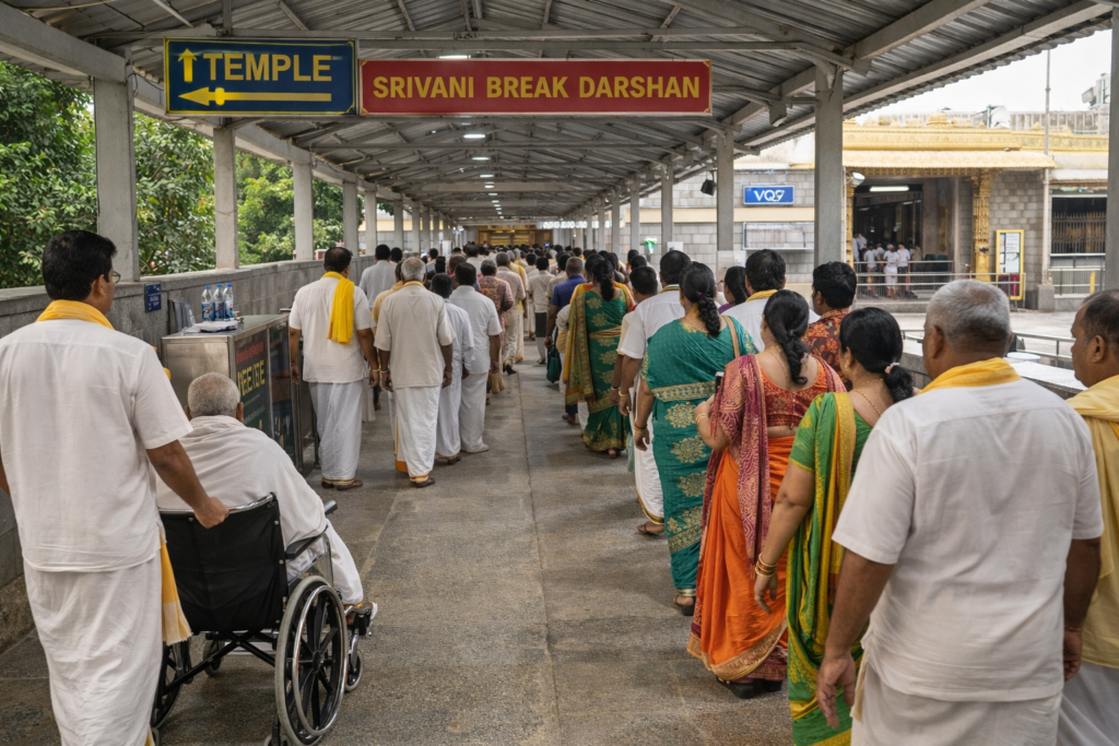 Srivani Break Darshan batch walking from VQC to inner queue Tirumala temple